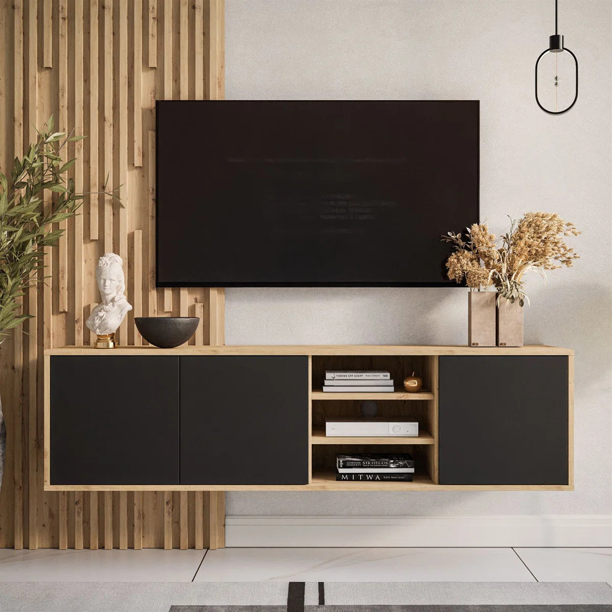 Aranza Minimalist TV Stand for TVs up to 65'' - Black/Artisan Oak