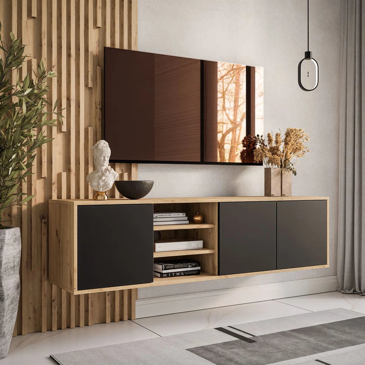 Aranza Minimalist TV Stand for TVs up to 65'' - Black/Artisan Oak