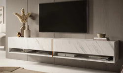 Hermes 200cm Floating TV Unit – White Marble with Gold Accents – Fits TVs up to 85"