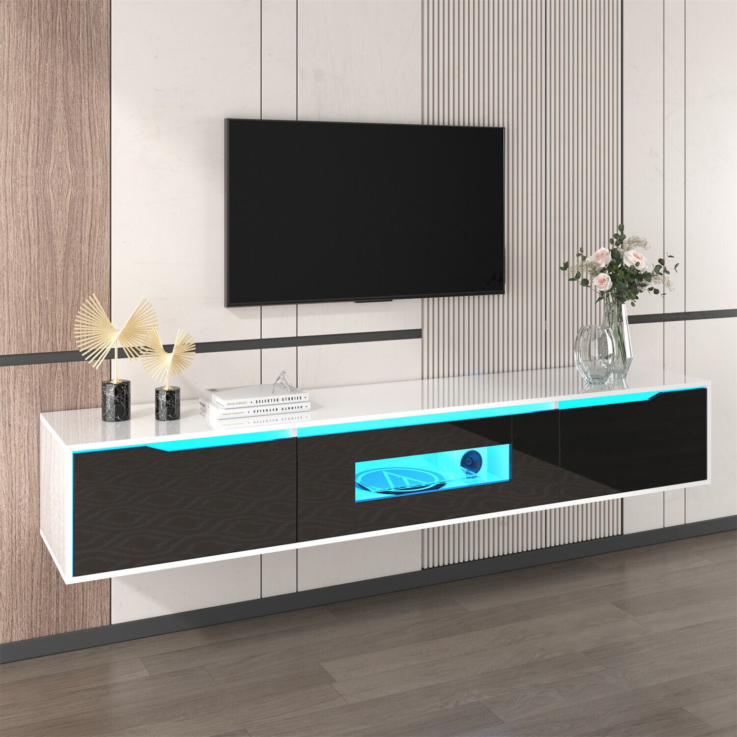 Emiliya Floating TV Unit for TVs up to 75" - LED Lights - Black & White ...