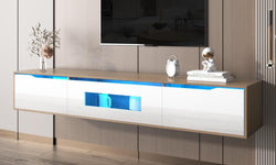 Biata Floating TV Unit for TVs up to 88" - LED Lights - White Gloss & Brown