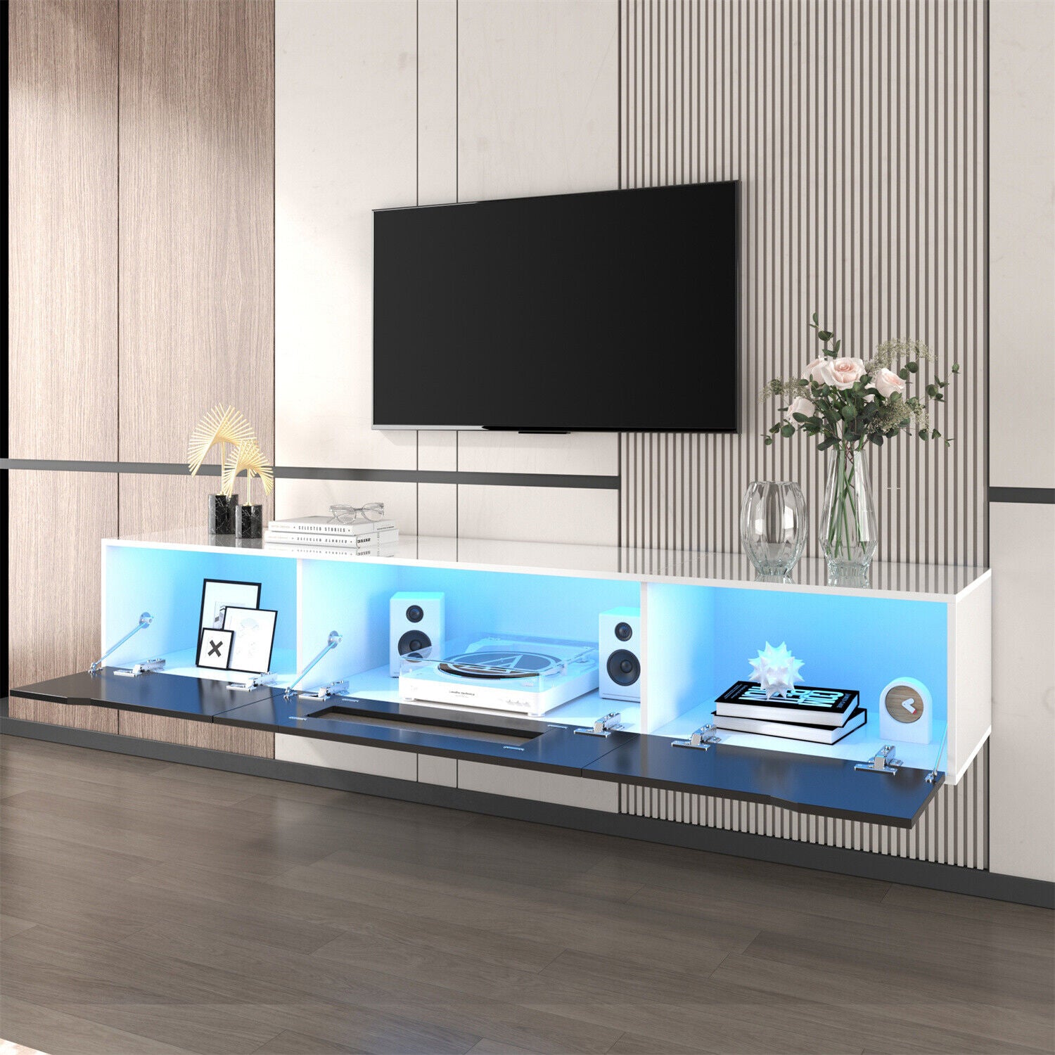Emiliya Floating TV Unit for TVs up to 75" - LED Lights - Black & White ...