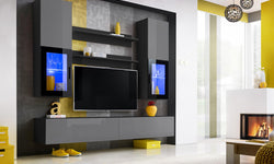 Bassel Entertainment TV Wall Unit - Grey Gloss & Black