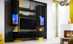 Bassel Entertainment TV Wall Unit - Black Gloss & Black
