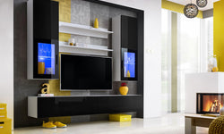 Bassel Entertainment TV Wall Unit - Black Gloss & White