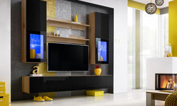 Bassel Entertainment TV Wall Unit - Black Gloss & Wotan