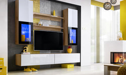 Bassel Entertainment TV Wall Unit - White Gloss & Wotan