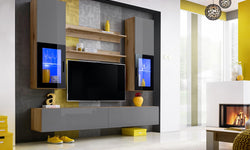 Bassel Entertainment TV Wall Unit - Grey Gloss & Wotan