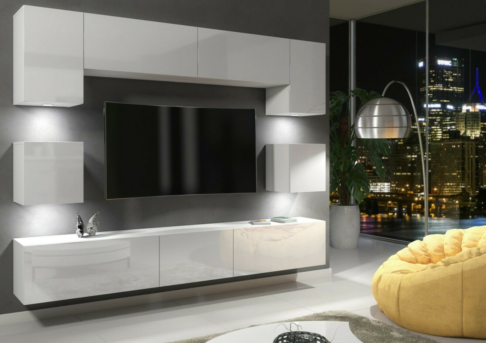 Rether Entertainment TV Wall Unit with LED Lights White Matt White Floating TV Units