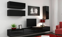 Zenya Entertainment TV Wall Unit - Black Matt & Black Gloss